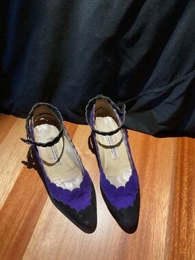 Manolo Blahnik purple and black suede with ankle strap. Size 8.    38.